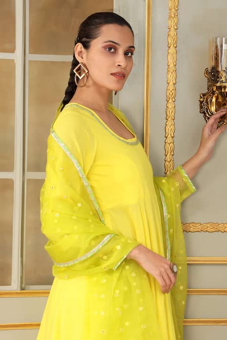 Pomcha Jaipur Yellow Cotton, Organza Gota Patti, Mirrors Scoop Saadgi Work Anarkali Pant Set at Aza Fashions Pomcha Jaipur_Yellow Cotton, Organza Gota Patti, Mirrors Scoop Saadgi Work Anarkali Pant Set _at_Aza_Fashions
