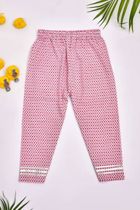 Yuvraani Jaipur_White Cotton, Net Embroidery, Gota Patti Tiered Floral Print Kurta Pant Set _Online_at_Aza_Fashions