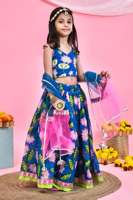 Shop Yuvraani Jaipur Blue Chanderi Embroidery Lotus Floral Print Lehenga Set at Aza Fashions Shop_Yuvraani Jaipur_Blue Chanderi Embroidery Lotus Floral Print Lehenga Set _at_Aza_Fashions