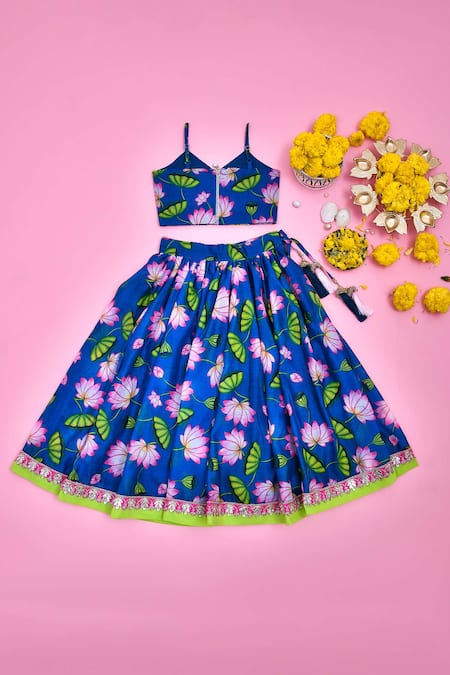 Yuvraani Jaipur Blue Chanderi Embroidery Lotus Floral Print Lehenga Set Online at Aza Fashions Yuvraani Jaipur_Blue Chanderi Embroidery Lotus Floral Print Lehenga Set _Online_at_Aza_Fashions