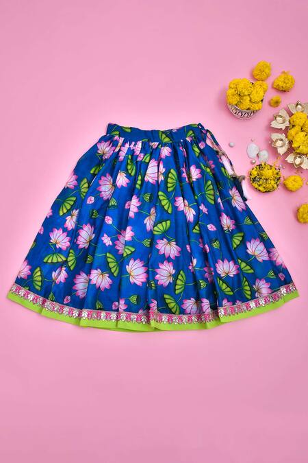 Shop Yuvraani Jaipur Blue Chanderi Embroidery Lotus Floral Print Lehenga Set Online at Aza Fashions Shop_Yuvraani Jaipur_Blue Chanderi Embroidery Lotus Floral Print Lehenga Set _Online_at_Aza_Fashions