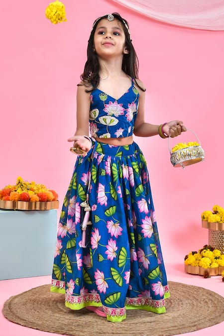 Yuvraani Jaipur Blue Chanderi Embroidery Lotus Floral Print Lehenga Set at Aza Fashions Yuvraani Jaipur_Blue Chanderi Embroidery Lotus Floral Print Lehenga Set _at_Aza_Fashions