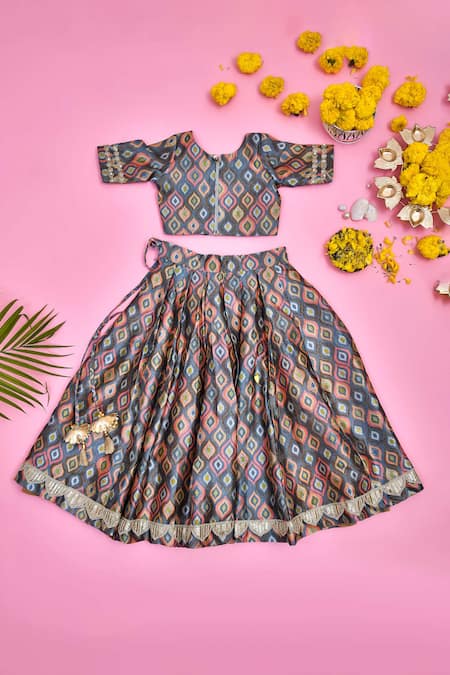 Shop_Yuvraani Jaipur_Blue Silk Sequins, Beads Printed Lehenga Set _at_Aza_Fashions