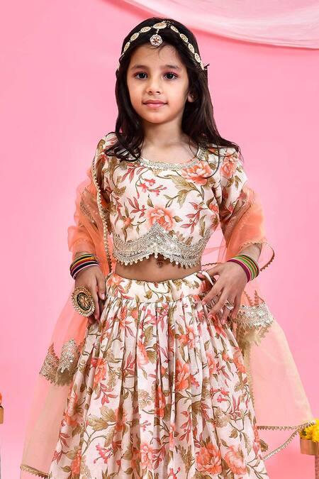 Yuvraani Jaipur_Beige Chanderi Embroidery, Sequins Floral Print Lehenga Set _Online_at_Aza_Fashions