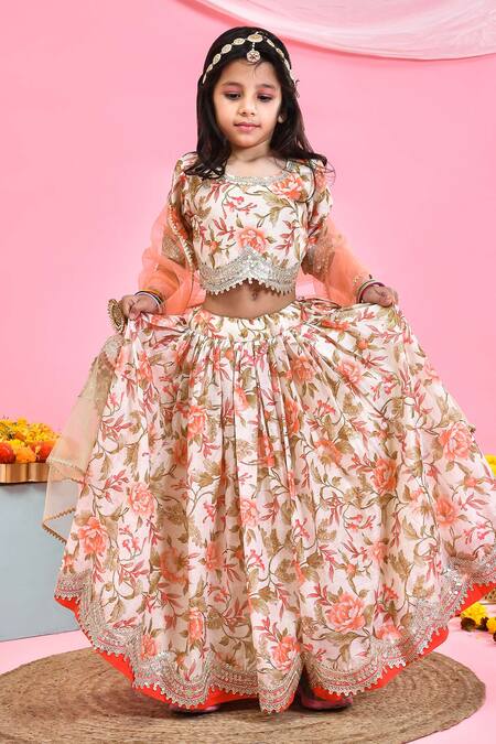 Buy_Yuvraani Jaipur_Beige Chanderi Embroidery, Sequins Floral Print Lehenga Set _Online_at_Aza_Fashions