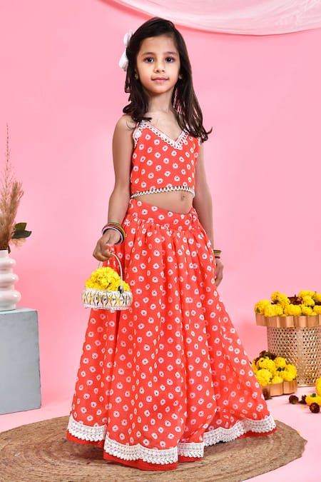 Shop_Yuvraani Jaipur_Orange Chanderi Lace, Embroidery Bandhej Print Lehenga Set _at_Aza_Fashions