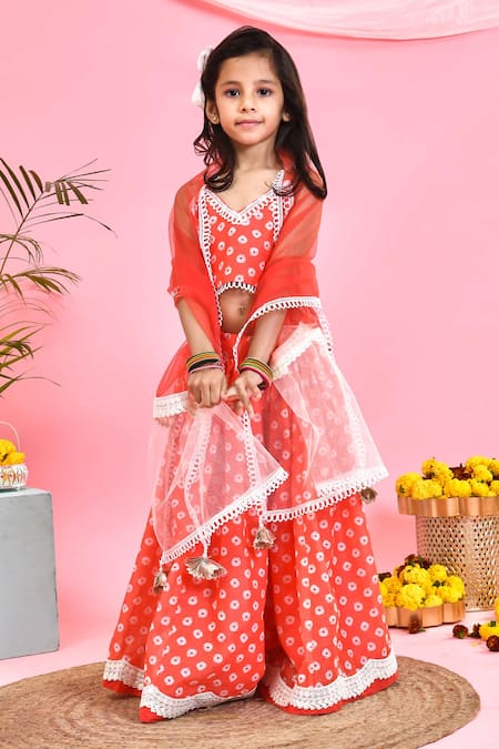 Buy_Yuvraani Jaipur_Orange Chanderi Lace, Embroidery Bandhej Print Lehenga Set _Online_at_Aza_Fashions