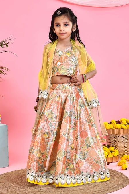 Shop_Yuvraani Jaipur_Multi Color Silk Sequins, Embroidery Geometric Floral Print Lehenga Set _at_Aza_Fashions