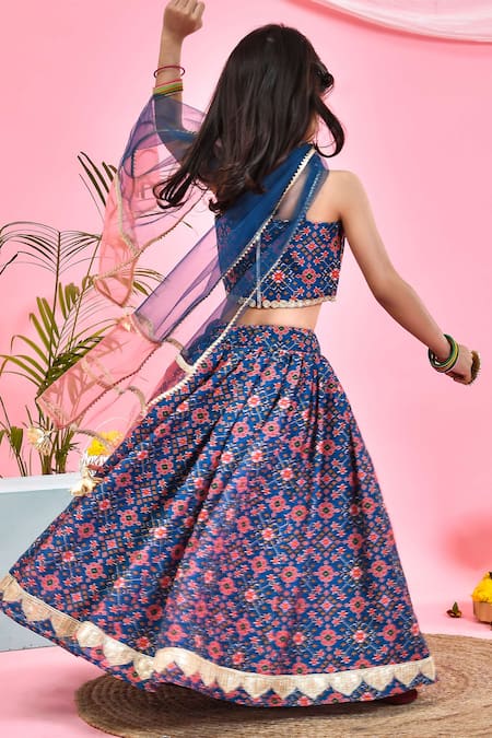Shop_Yuvraani Jaipur_Blue Chanderi Lace, Embroidery, Tassels Patola Print Lehenga Set _at_Aza_Fashions