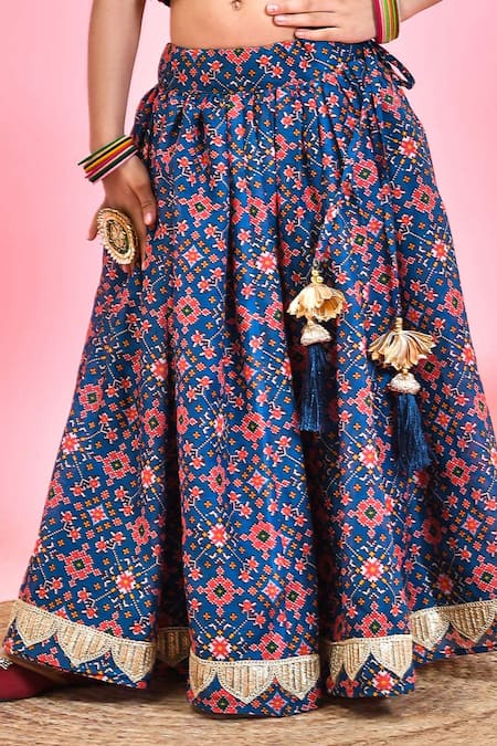 Yuvraani Jaipur_Blue Chanderi Lace, Embroidery, Tassels Patola Print Lehenga Set _Online_at_Aza_Fashions