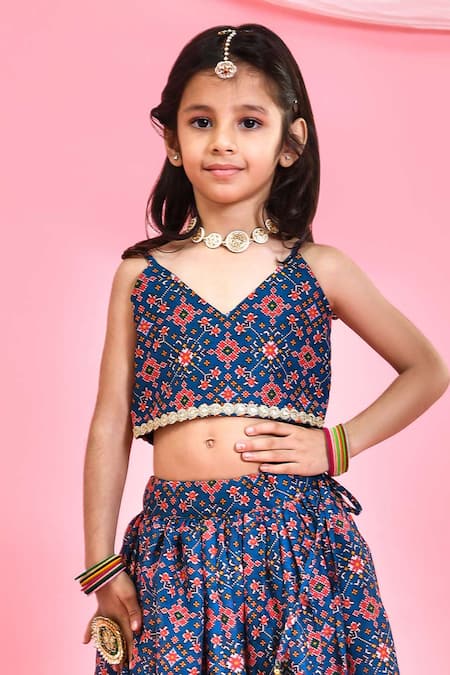 Buy_Yuvraani Jaipur_Blue Chanderi Lace, Embroidery, Tassels Patola Print Lehenga Set _Online_at_Aza_Fashions