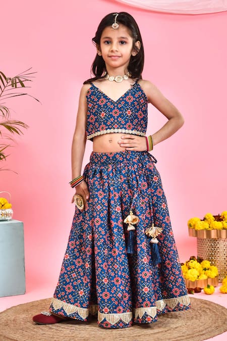 Shop_Yuvraani Jaipur_Blue Chanderi Lace, Embroidery, Tassels Patola Print Lehenga Set _Online_at_Aza_Fashions