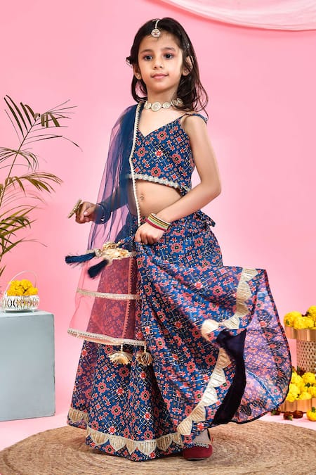 Yuvraani Jaipur_Blue Chanderi Lace, Embroidery, Tassels Patola Print Lehenga Set _at_Aza_Fashions