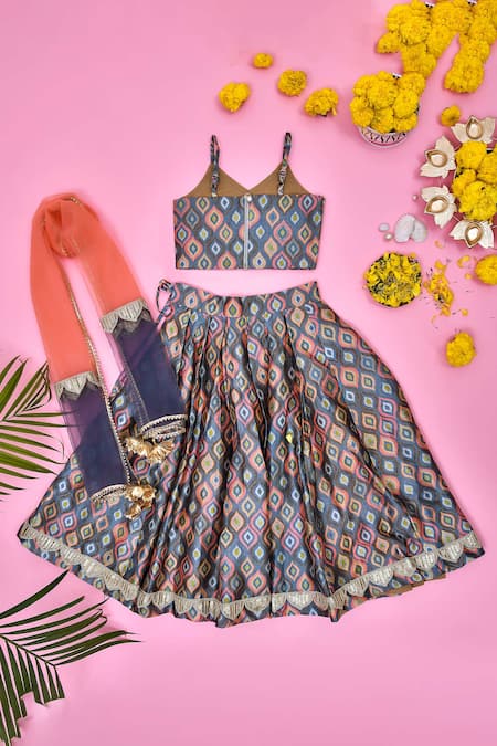 Shop_Yuvraani Jaipur_Blue Silk Sequins, Embroidery Peacock Feather Print Lehenga Set _at_Aza_Fashions