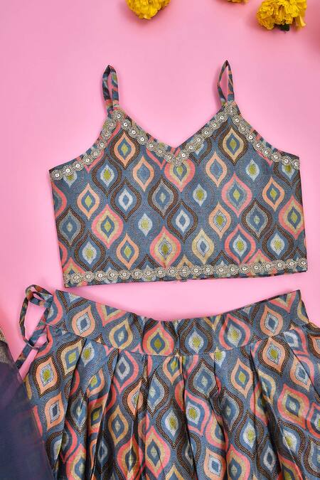 Yuvraani Jaipur_Blue Silk Sequins, Embroidery Peacock Feather Print Lehenga Set _Online_at_Aza_Fashions