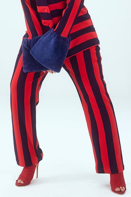 Shop_Mai Tai_Red Shawl Neck Knitted Stripe Jacket And Pant Set_Online_at_Aza_Fashions