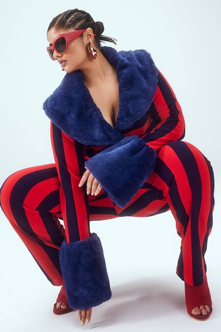 Mai Tai_Red Faux Leather Shawl Neck Stripe Pattern Knitted Jacket_Online_at_Aza_Fashions