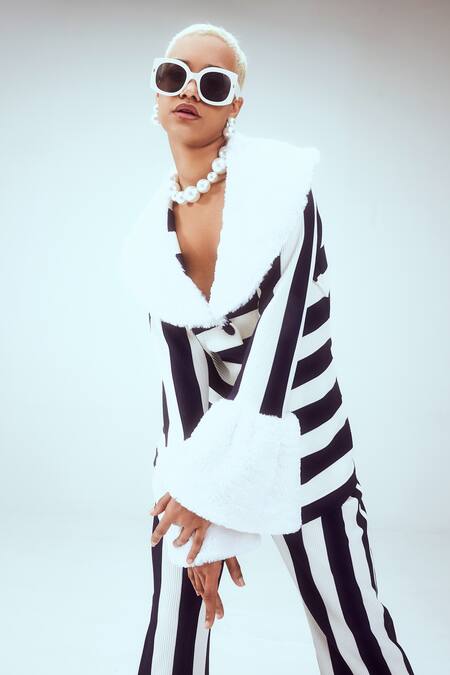 Mai Tai_White Shawl Neck Striped Knitted Jacket And Pant Set_Online_at_Aza_Fashions