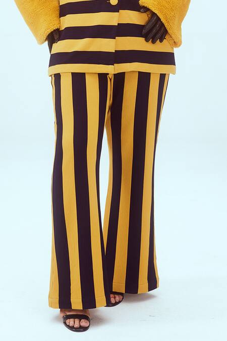 Mai Tai_Yellow Faux Leather Shawl Neck Knitted Striped Jacket And Pant Set_Online_at_Aza_Fashions