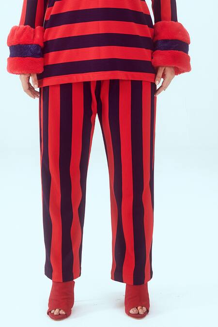 Mai Tai_Red Faux Leather Collared Stripe Pattern Top And Pant Set_Online_at_Aza_Fashions
