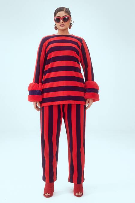 Shop Mai Tai Red Faux Leather Collared Stripe Pattern Knitted Top at Aza Fashions Shop_Mai Tai_Red Faux Leather Collared Stripe Pattern Knitted Top_at_Aza_Fashions