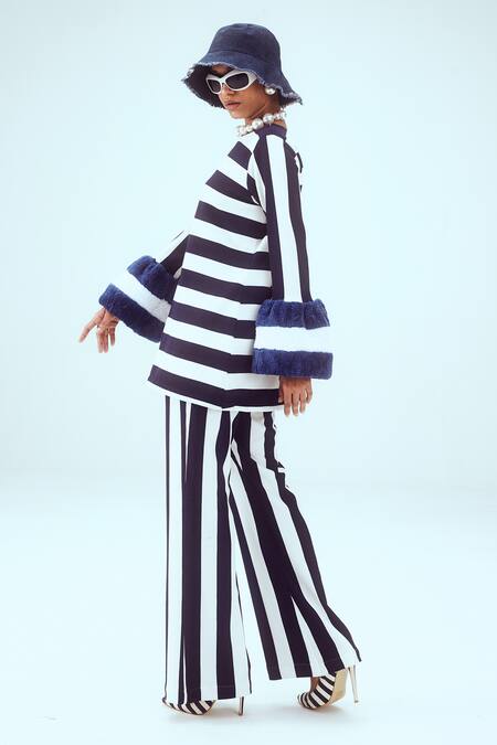 Mai Tai_White Faux Leather, Cotton Collared Striped Knitted Top And Pant Set_Online_at_Aza_Fashions