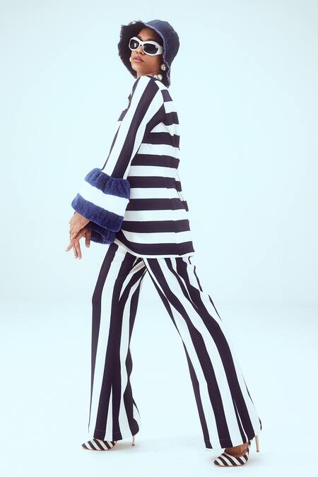 Shop_Mai Tai_White Faux Leather, Cotton Collared Striped Knitted Top And Pant Set_Online_at_Aza_Fashions
