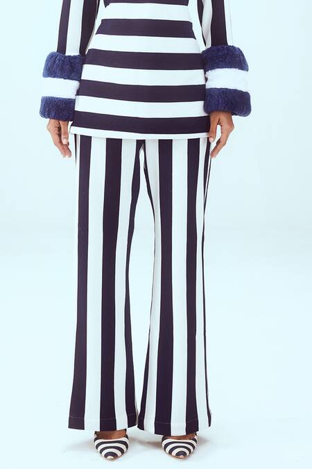 Buy_Mai Tai_White Faux Leather, Cotton Collared Striped Knitted Top And Pant Set