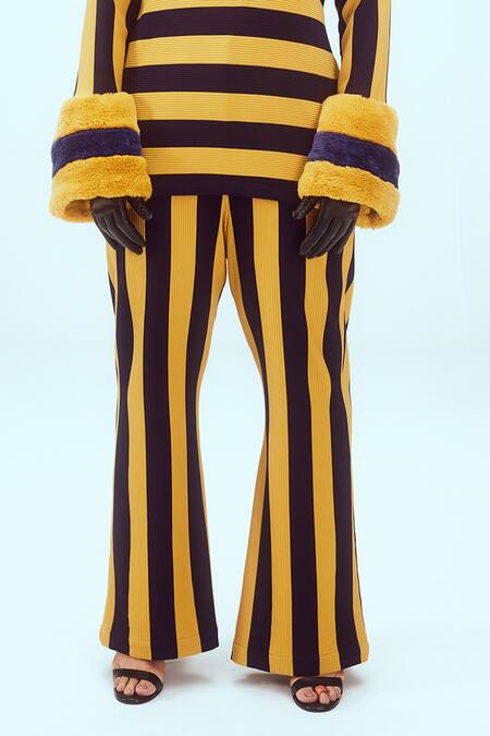 Buy_Mai Tai_Yellow Collared Knitted Striped Top And Pant Set_Online_at_Aza_Fashions