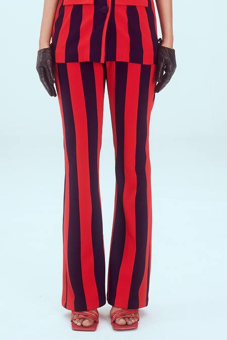 Mai Tai_Red Crepe, Lycra, Cotton Round Neck Stripe Pattern Blazer Pant Set_at_Aza_Fashions