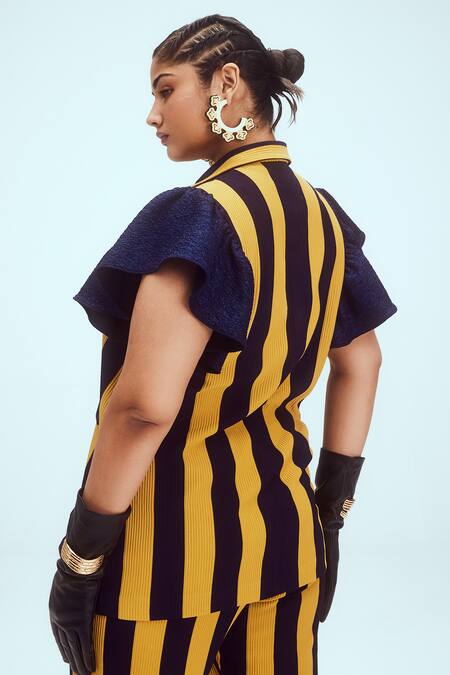 Shop_Mai Tai_Yellow Lycra, Crepe Collared Stripe Pattern Knitted Blazer Pant Set_Online_at_Aza_Fashions