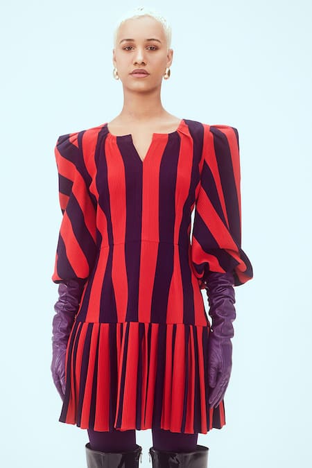 Shop Mai Tai Red Kota Doria Round Neck Stripe Pattern Tiered Dress at Aza Fashions Shop_Mai Tai_Red Kota Doria Round Neck Stripe Pattern Tiered Dress_at_Aza_Fashions