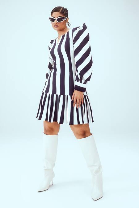 Shop_Mai Tai_White Kota Doria Round Neck Stripe Pattern Knitted Tiered Dress_Online_at_Aza_Fashions