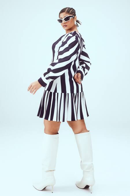 Mai Tai_White Kota Doria Round Neck Stripe Pattern Knitted Tiered Dress_at_Aza_Fashions
