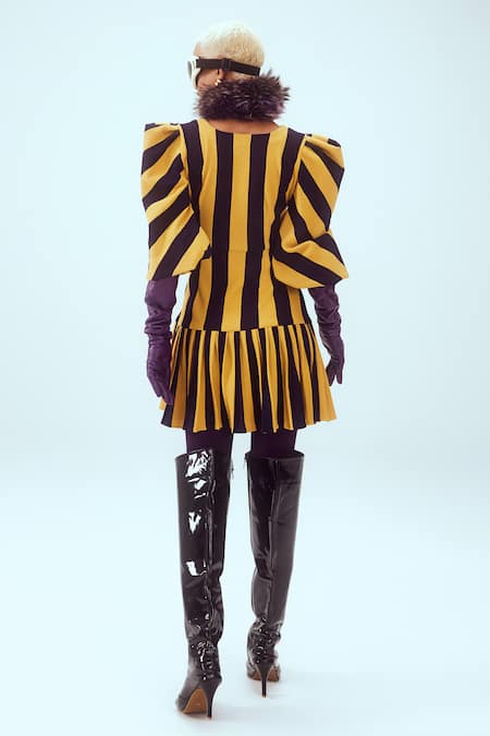 Shop Mai Tai Yellow Kota Doria Round Neck Knitted Stripe Pattern Tiered Dress at Aza Fashions Shop_Mai Tai_Yellow Kota Doria Round Neck Knitted Stripe Pattern Tiered Dress_at_Aza_Fashions