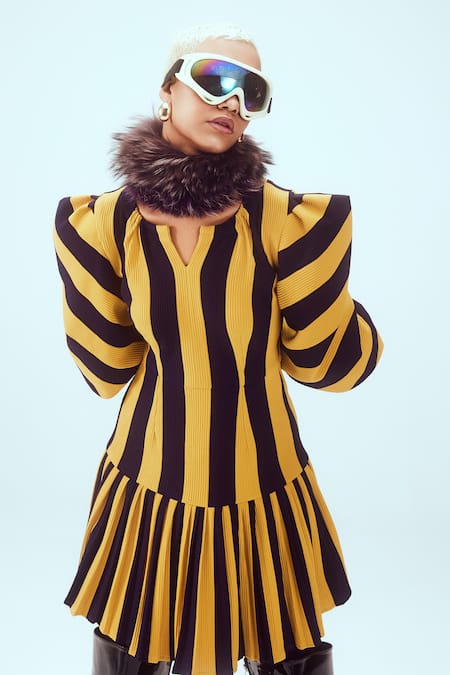 Mai Tai Yellow Kota Doria Round Neck Knitted Stripe Pattern Tiered Dress Online at Aza Fashions Mai Tai_Yellow Kota Doria Round Neck Knitted Stripe Pattern Tiered Dress_Online_at_Aza_Fashions