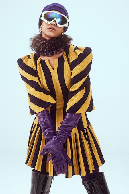 Buy Mai Tai Yellow Kota Doria Round Neck Knitted Stripe Pattern Tiered Dress Online at Aza Fashions Buy_Mai Tai_Yellow Kota Doria Round Neck Knitted Stripe Pattern Tiered Dress_Online_at_Aza_Fashions