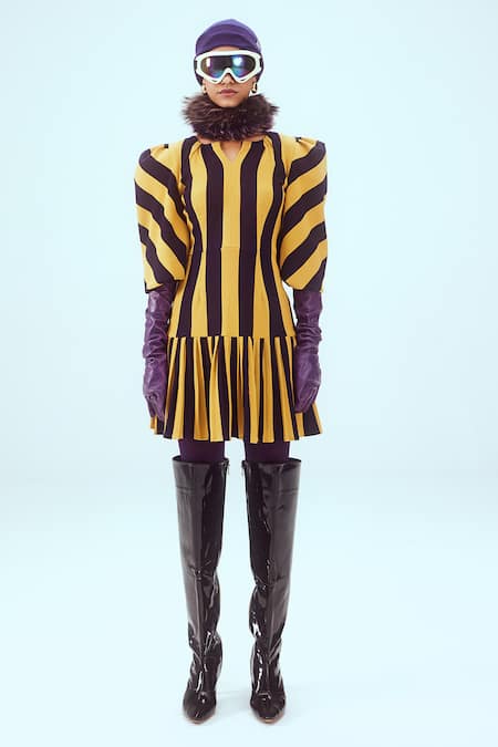 Shop Mai Tai Yellow Kota Doria Round Neck Knitted Stripe Pattern Tiered Dress Online at Aza Fashions Shop_Mai Tai_Yellow Kota Doria Round Neck Knitted Stripe Pattern Tiered Dress_Online_at_Aza_Fashions