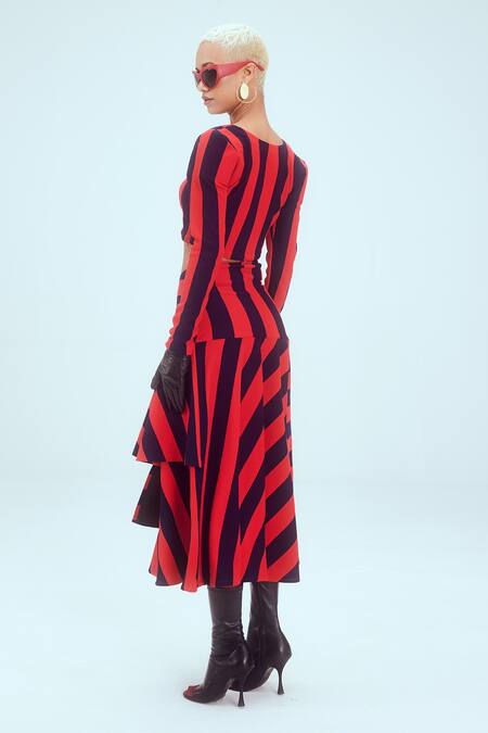 Shop Mai Tai Red Cotton V-neck Stripe Pattern Top And Layered Skirt Set at Aza Fashions Shop_Mai Tai_Red Cotton V-neck Stripe Pattern Top And Layered Skirt Set_at_Aza_Fashions