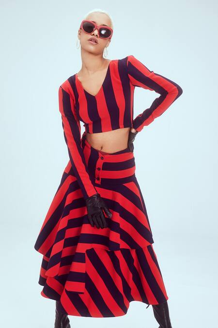 Mai Tai Red Cotton V-neck Stripe Pattern Top And Layered Skirt Set Online at Aza Fashions Mai Tai_Red Cotton V-neck Stripe Pattern Top And Layered Skirt Set_Online_at_Aza_Fashions