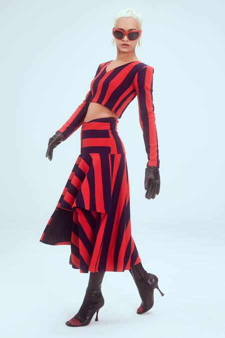 Buy Mai Tai Red Cotton V-neck Stripe Pattern Top And Layered Skirt Set Online at Aza Fashions Buy_Mai Tai_Red Cotton V-neck Stripe Pattern Top And Layered Skirt Set_Online_at_Aza_Fashions