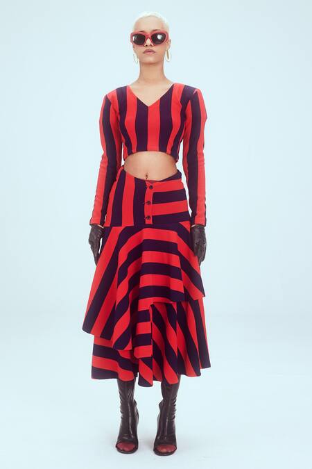 Shop Mai Tai Red Cotton V-neck Stripe Pattern Top And Layered Skirt Set Online at Aza Fashions Shop_Mai Tai_Red Cotton V-neck Stripe Pattern Top And Layered Skirt Set_Online_at_Aza_Fashions
