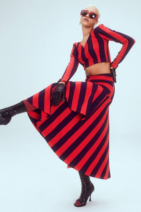 Mai Tai Red Cotton V-neck Stripe Pattern Top And Layered Skirt Set at Aza Fashions Mai Tai_Red Cotton V-neck Stripe Pattern Top And Layered Skirt Set_at_Aza_Fashions