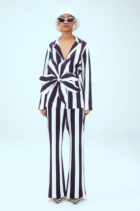 Mai Tai White Stripe Pattern Notched Lapel Jacket And Pant Set 