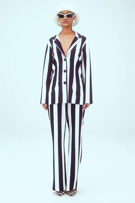 Shop Mai Tai White Kota Doria Collared Knitted Stripe Pattern Jacket And Pant Set Online at Aza Fashions Shop_Mai Tai_White Kota Doria Collared Knitted Stripe Pattern Jacket And Pant Set_Online_at_Aza_Fashions