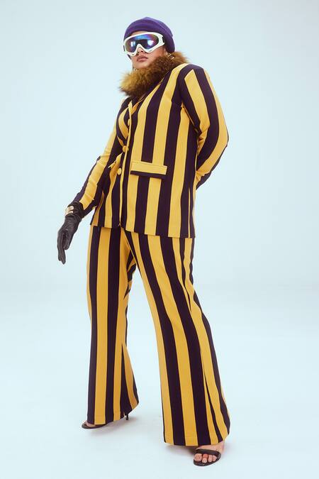 Mai Tai_Yellow Kota Doria Collared Stripe Pattern Knitted Jacket And Pant Set_Online_at_Aza_Fashions