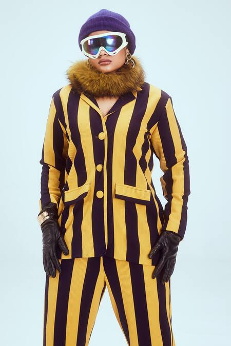 Buy_Mai Tai_Yellow Kota Doria Collared Stripe Pattern Knitted Jacket And Pant Set_Online_at_Aza_Fashions