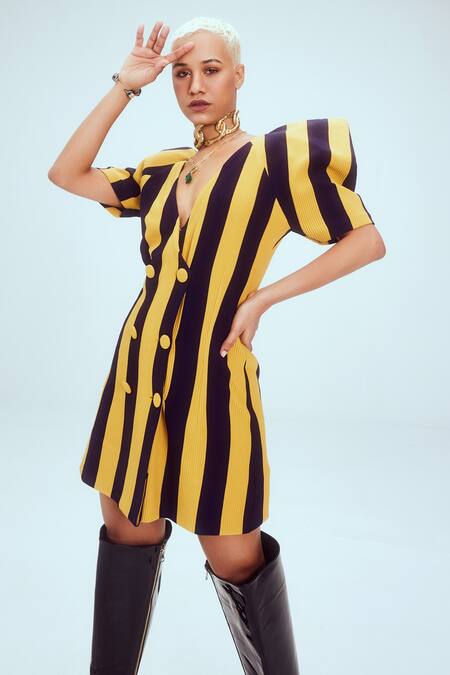 Mai Tai_Yellow Kota Doria V-neck Stripe Pattern Blazer Dress_Online_at_Aza_Fashions