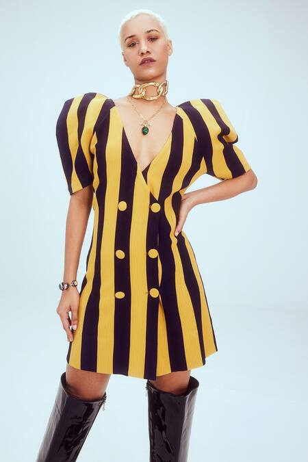 Buy_Mai Tai_Yellow Kota Doria V-neck Stripe Pattern Blazer Dress_Online_at_Aza_Fashions