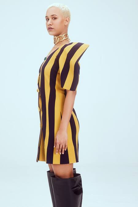 Shop_Mai Tai_Yellow Kota Doria V-neck Stripe Pattern Blazer Dress_Online_at_Aza_Fashions